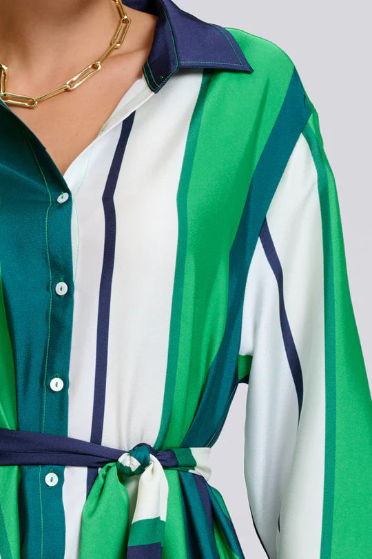 The Luxe Luna Longline Shirt Dress - Navy and Green Bold Stripes