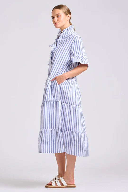 The Molly Oversized Shirt Dress - White with Azure Ticking