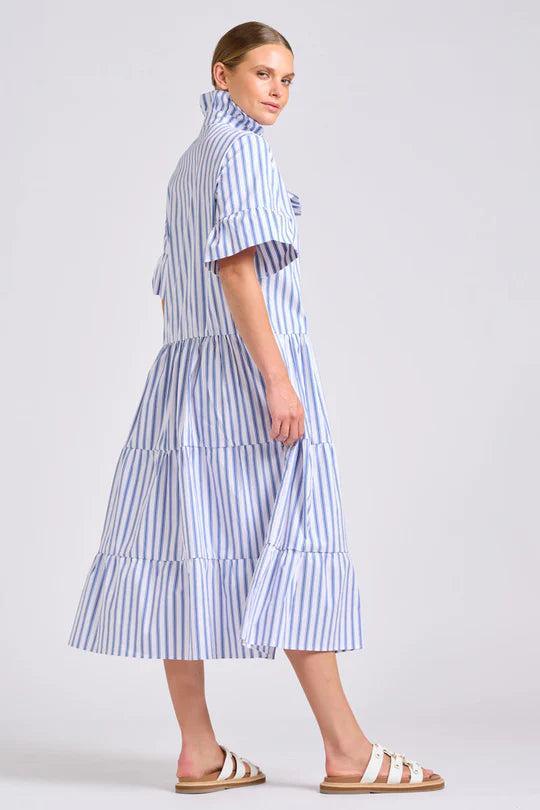 The Molly Oversized Shirt Dress - White with Azure Ticking