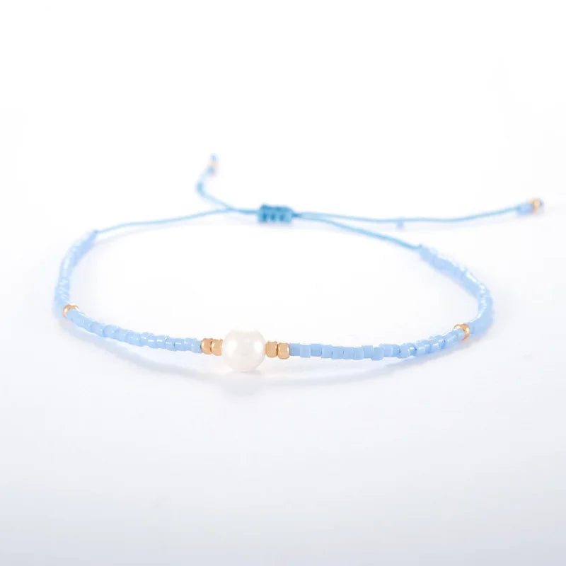 Pale Blue Seed Bead & Freshwater Pearl Adjustable Bracelet